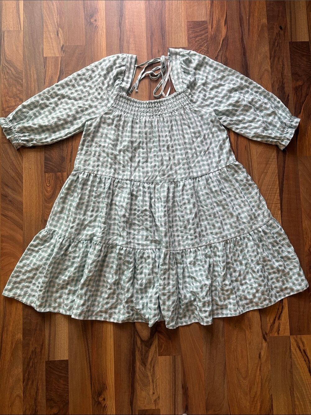 She + Sky Woman’s Mint Green and White Gingham Tiered Mini Dress Size M